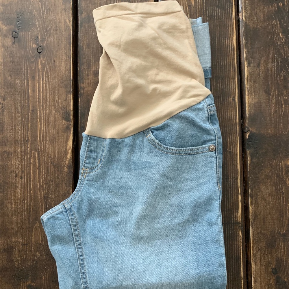 Indigo Blue Light Denim Capris with Tan Waistband
